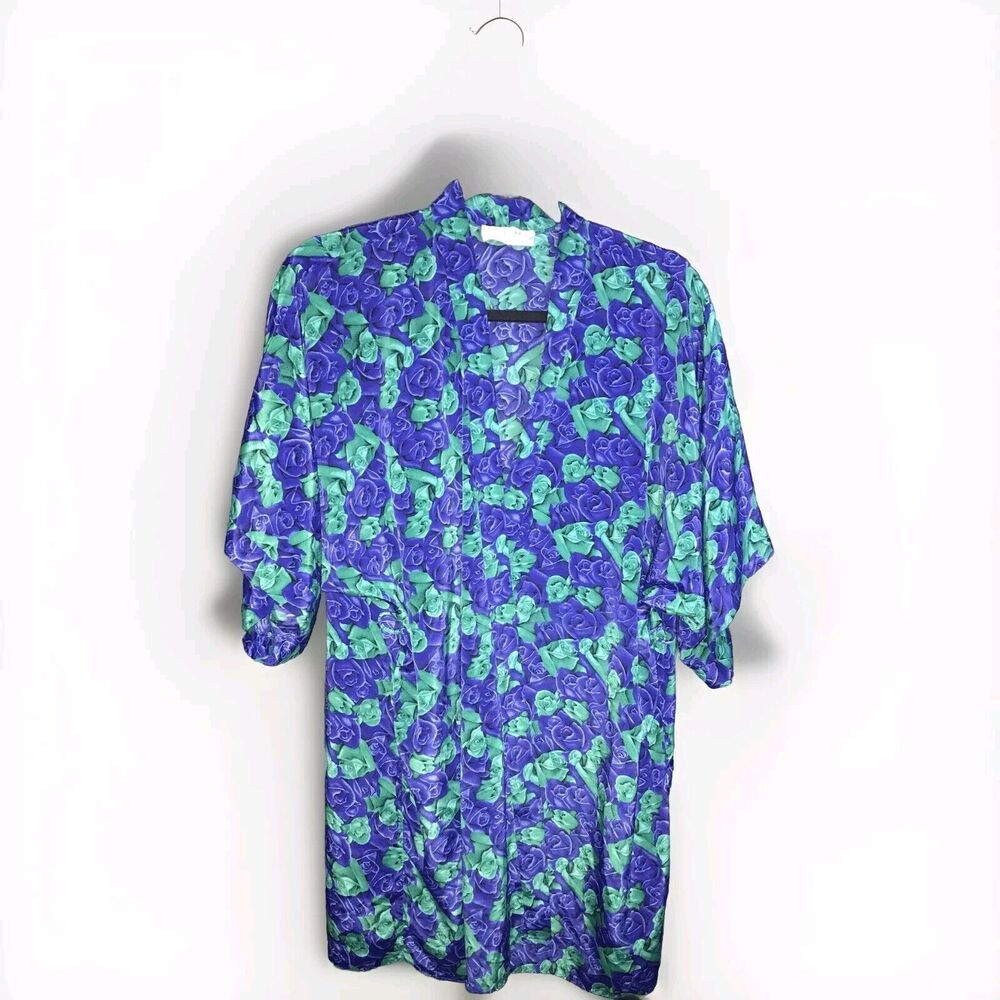 Lilly Of France Sleepwear Vintage‎ Blue & Green Roses Satin Robe Medium Women's